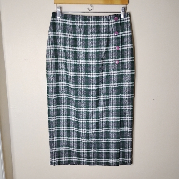Vintage 90s Rear Ends Inc Plaid Wool-Blend Midi Skirt Sz 10 Preppy Academia - Picture 2 of 8